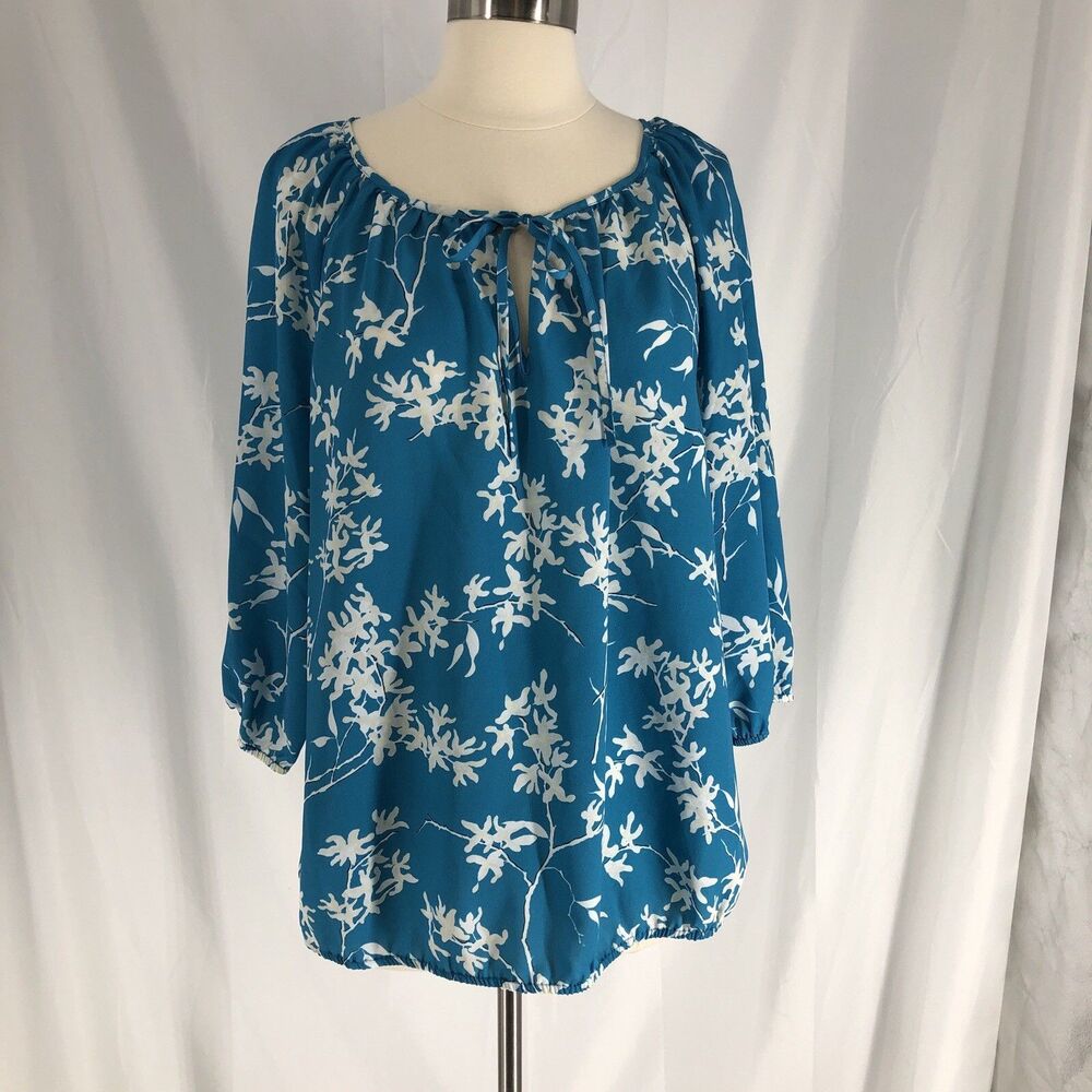 LOFT Women's XL Blue Floral Round Neck Tie 3/4 Sleeve Pullover Blouse
